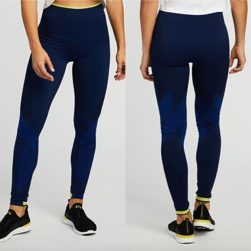 LNDR x SoulCycle navy blue yellow neon stripe Motion high rise seamless leggings - Picture 6 of 6